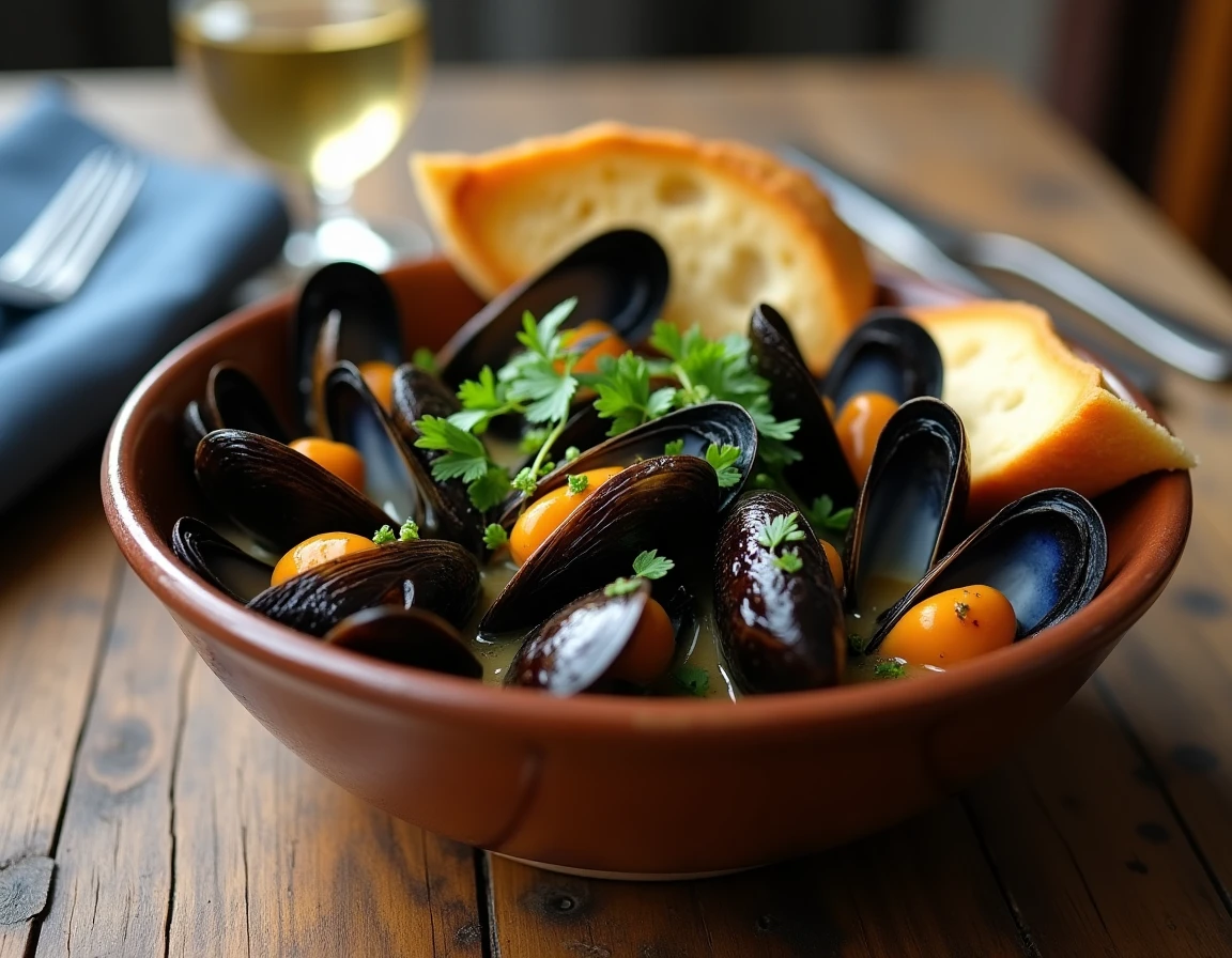 Bol de moules marinières au Cookeo servi avec du pain croustillant et un verre de vin blanc sur une table en bois rustique