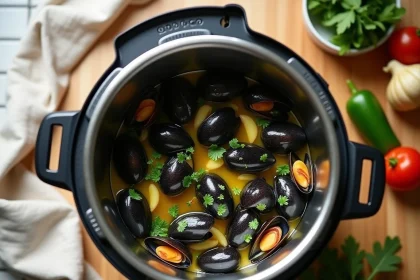 Moules marinières cuites au Cookeo avec bouillon au vin blanc, persil et échalotes, vue de dessus en cuisine moderne