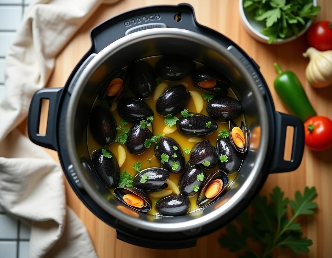 Moules marinières cuites au Cookeo avec bouillon au vin blanc, persil et échalotes, vue de dessus en cuisine moderne