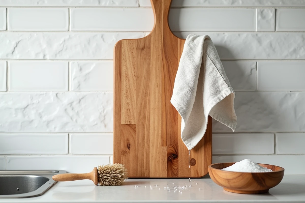 Planche à charcuterie en bois acacia en séchage après nettoyage au sel dans une cuisine