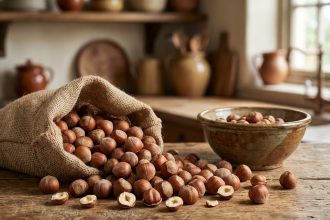 Noisettes en vrac dans un sac en toile de jute sur un comptoir en bois de cuisine, entourées de noisettes entières et coupées en deux