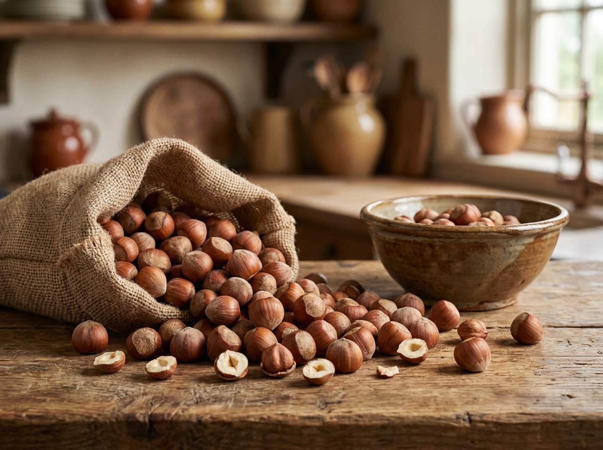 Noisettes en vrac dans un sac en toile de jute sur un comptoir en bois de cuisine, entourées de noisettes entières et coupées en deux