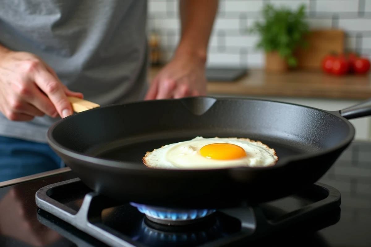 Œuf au plat glissant sans accrocher dans une poêle en fonte bien culottée sur feu de gaz