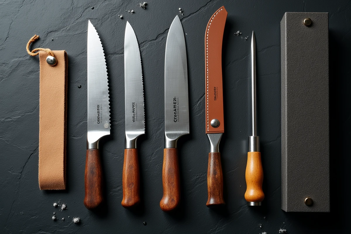Vue de dessus d'un assortiment d'outils pour aiguiser les couteaux de cuisine incluant pierre, fusil et cuir sur ardoise
