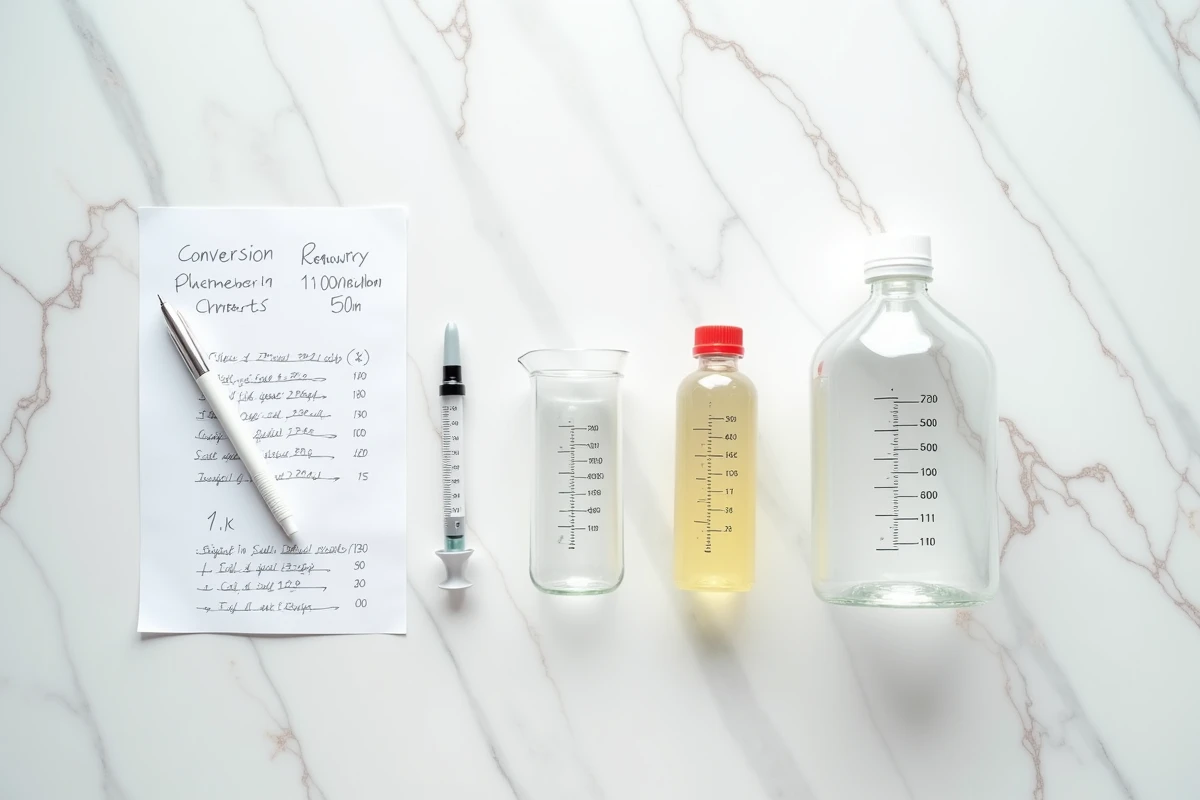 Vue de dessus d'outils de mesure en millilitres et litres disposés sur un plan de travail en marbre blanc avec un tableau de conversion imprimé