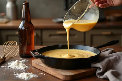 Pâte à crêpes à la bière en train d'être versée dans une poêle en fonte sur un comptoir en bois rustique