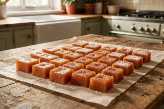 Carrés de pâte de fruit à la pomme dorés et sucrés sur papier cuisson