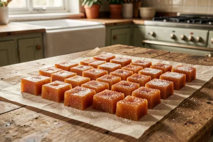 Carrés de pâte de fruit à la pomme dorés et sucrés sur papier cuisson