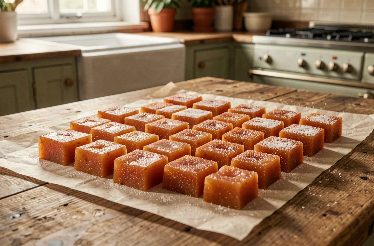 Carrés de pâte de fruit à la pomme dorés et sucrés sur papier cuisson