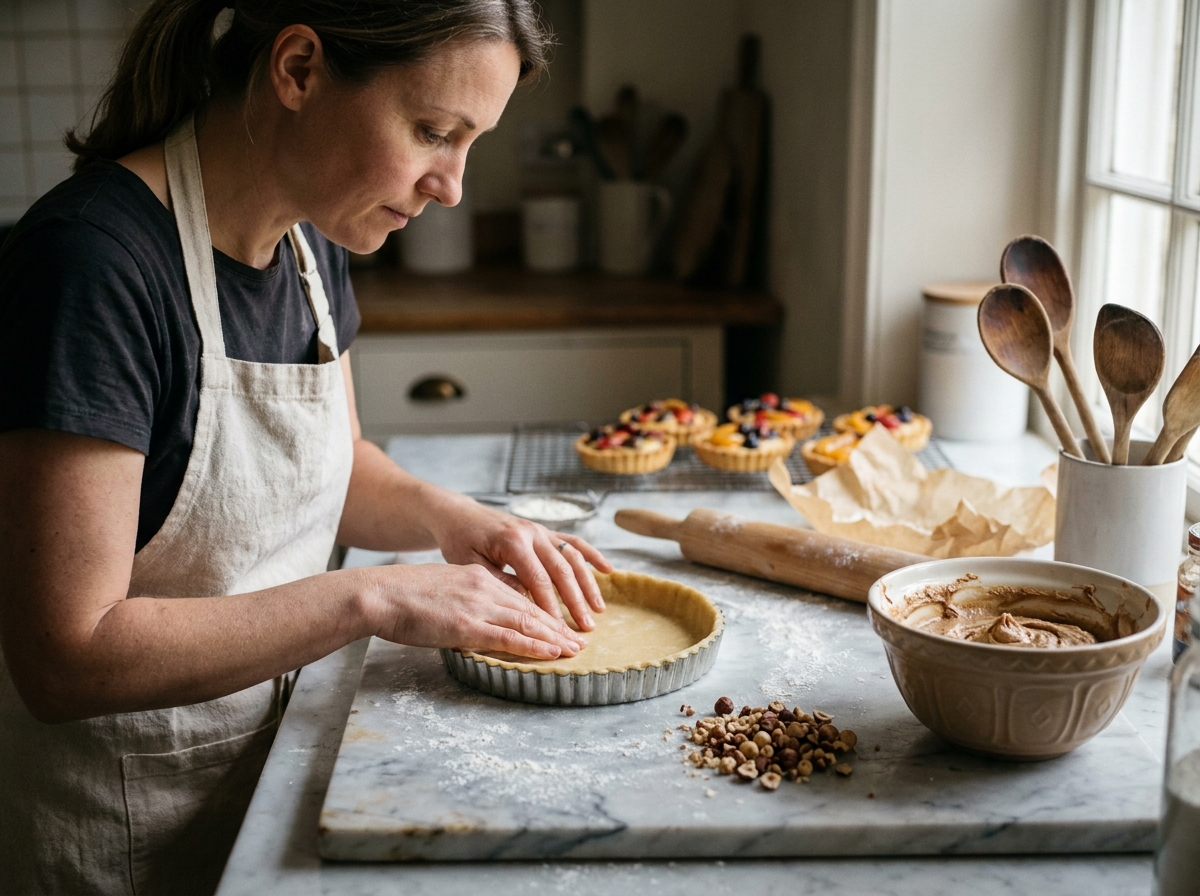 Pâtissière préparant des tartelettes aux noisettes sur un plan de travail en marbre avec des noisettes concassées et une crème à la noisette