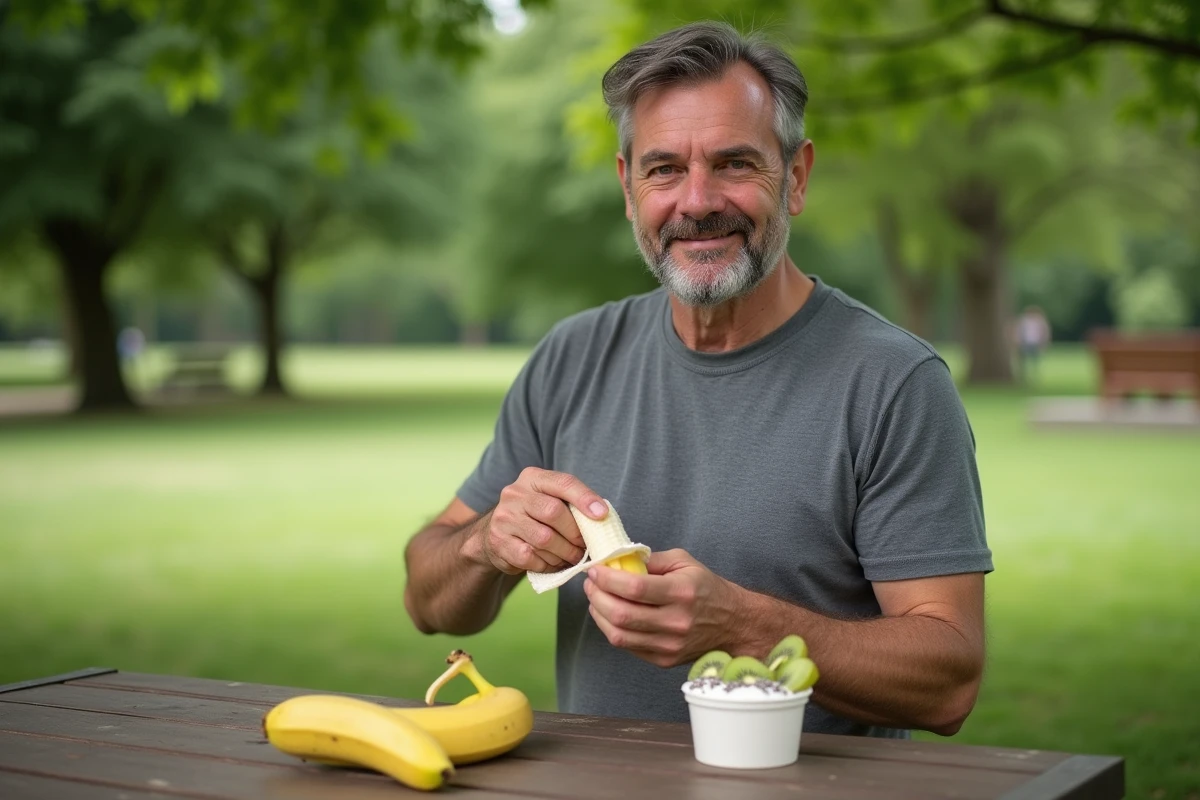 Homme en pause snack sain dans un parc avec banane, yaourt grec, graines de chia et kiwi