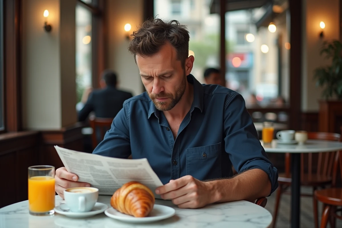 Homme prenant un petit-déjeuner traditionnel français avec croissant et café dans un café parisien