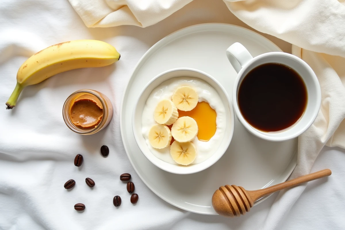 Petit-déjeuner sain avec banane, yaourt grec, beurre d'amande et café sur fond blanc