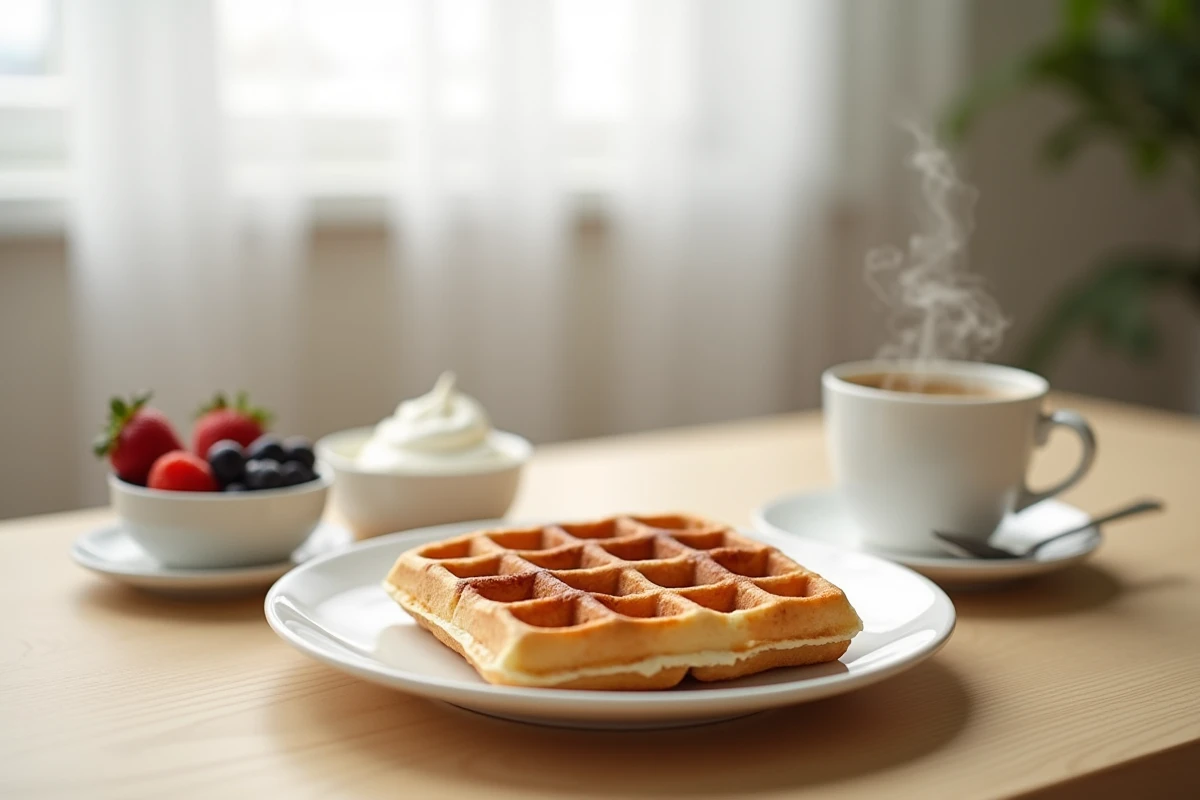 Petit-déjeuner zen avec une gaufre croustillante préparée la veille, accompagnée de fruits frais et d'une tasse de café sur une table en bois clair