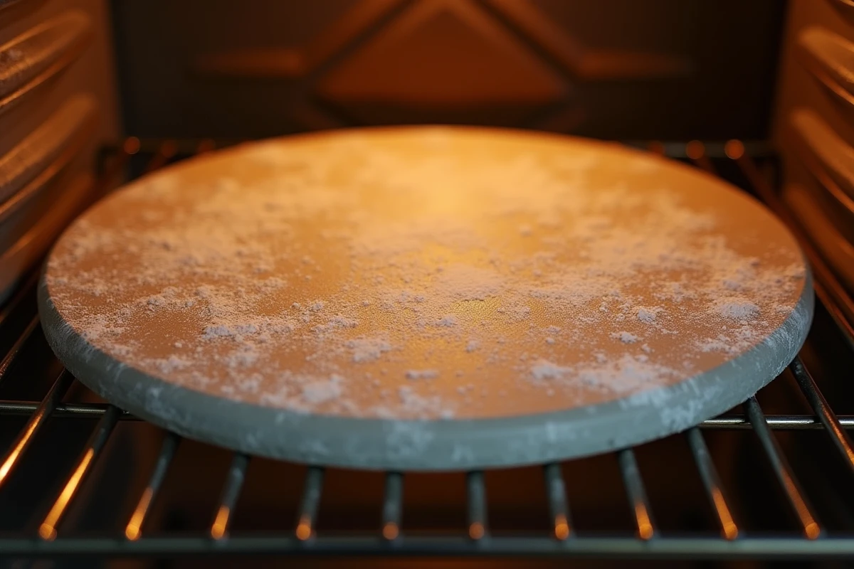 Gros plan sur une pierre à pizza préchauffée dans un four, texture poreuse et farine visible