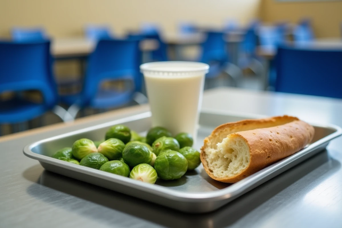 Plateau de cantine scolaire avec des choux de Bruxelles non mangés, légume rejeté par les enfants en France