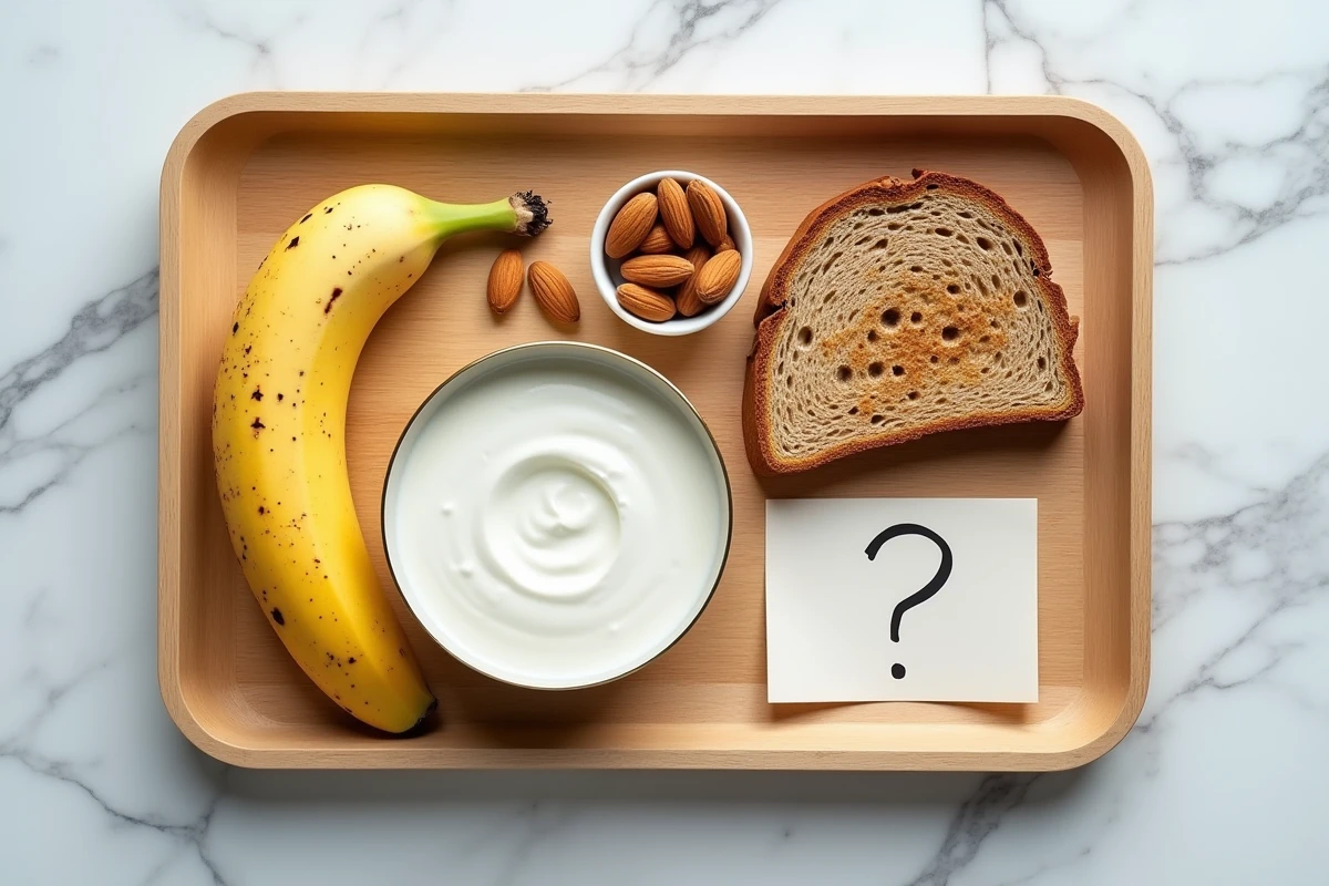 Vue du dessus d'un plateau de petit-déjeuner avec une banane épluchée, yaourt et amandes sur marbre blanc