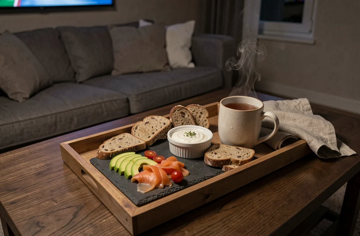 Plateau repas sain et appétissant sur une table basse devant la télévision le soir