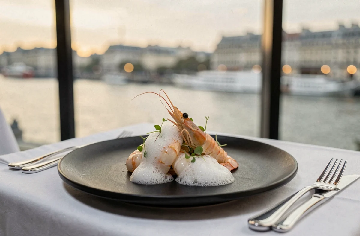 Assiette gastronomique raffinée du restaurant Plénitude au Cheval Blanc Paris avec vue sur la Seine