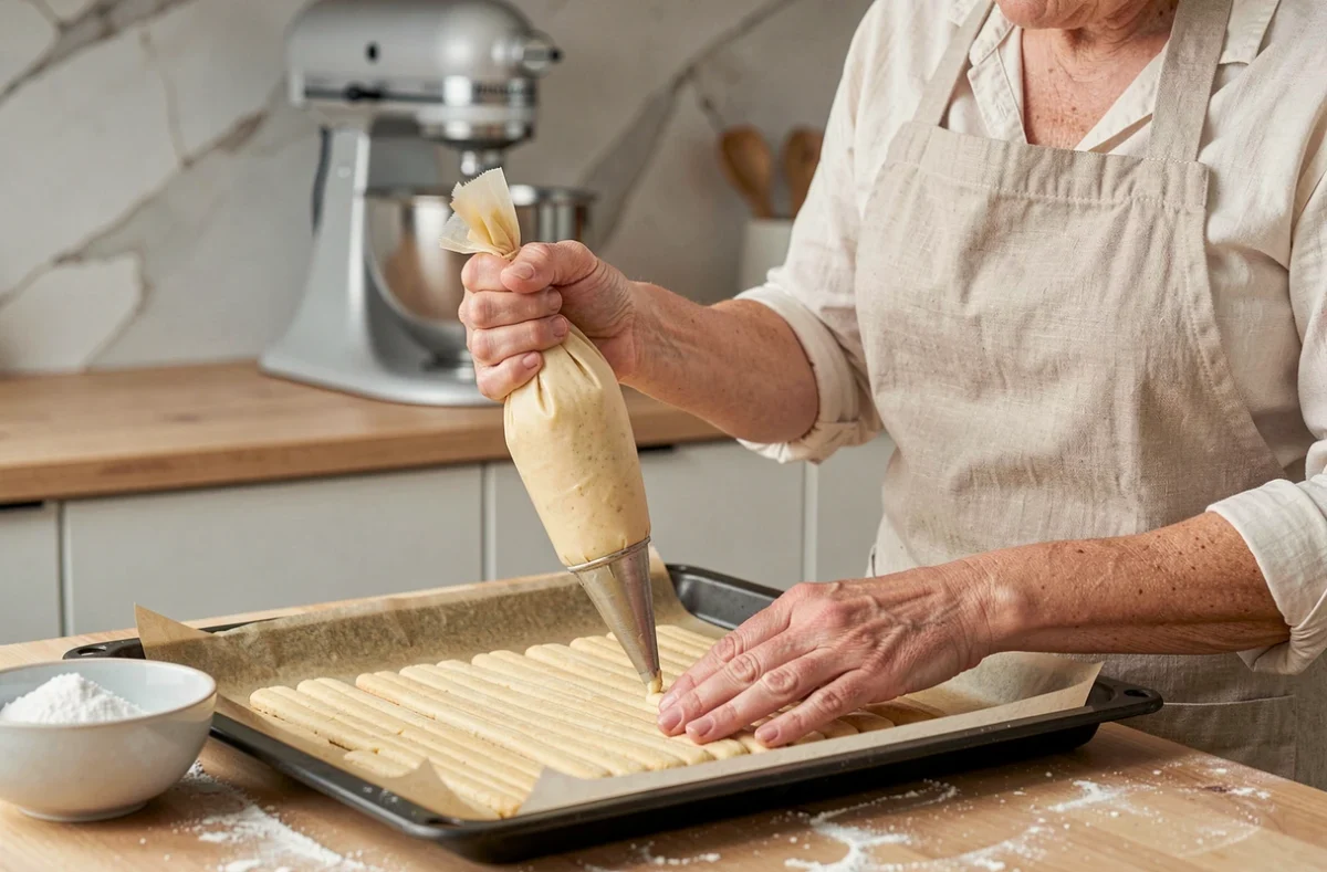 Femme pochant la pâte à biscuits cuillère sur une plaque de cuisson avec une poche à douille
