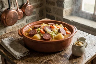 Potée rustique façon bistrot servie dans une cocotte en terre cuite avec saucisses fumées, chou, carottes et pommes de terre dans un bouillon ambré, sur une table en bois usé