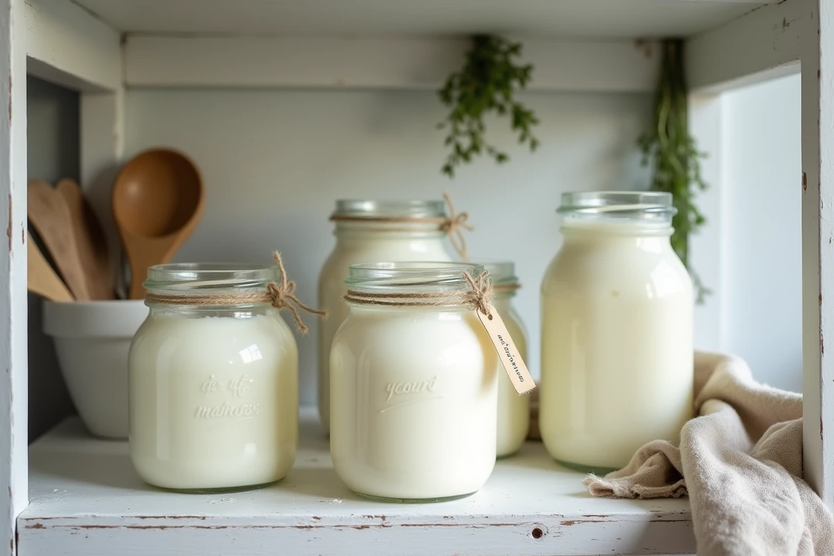 Rangée de pots de yaourts maison en verre sur une étagère en bois, avec un yaourt trop liquide et du petit-lait visible en surface