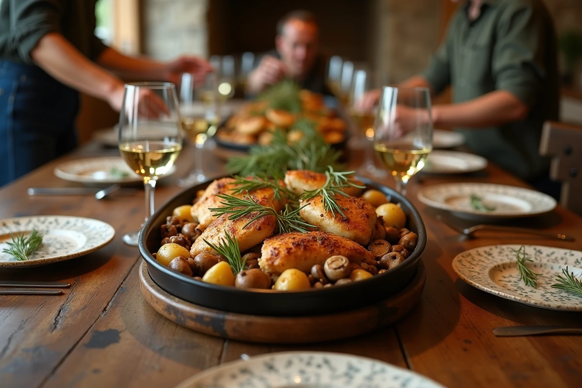 Grand plat de poulet rôti aux herbes avec pommes de terre et champignons servi en famille lors d'un dîner entre amis