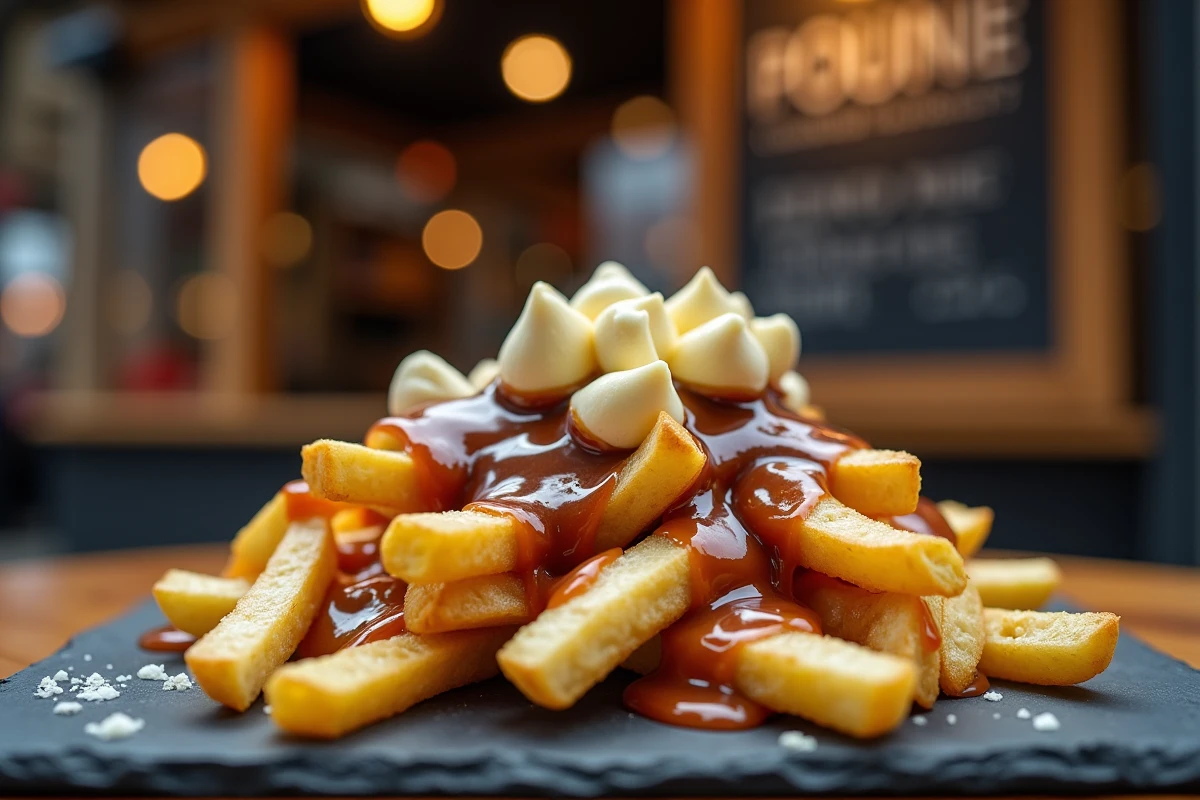 Gros plan d'une poutine de rue montréalaise avec fromage en grains fondant sur des frites épaisses recouvertes de sauce brune