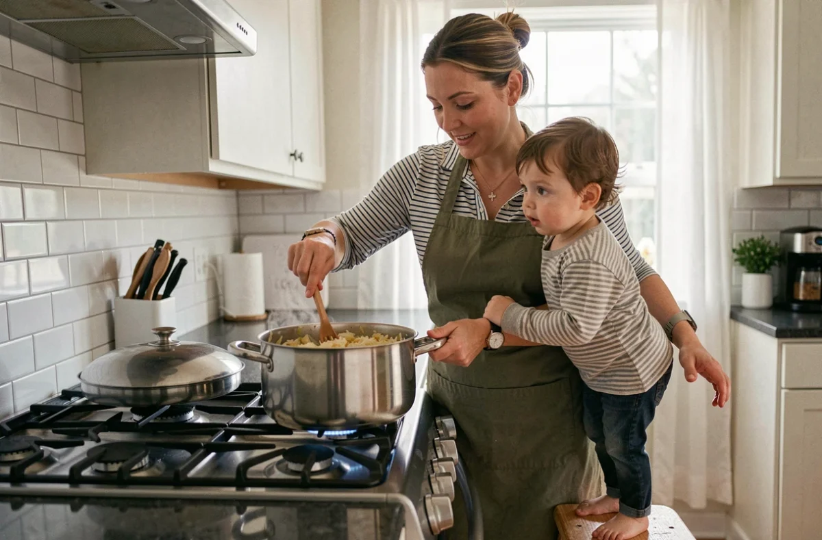 Mère et enfant préparant ensemble une choucroute aux poissons dans une cuisine moderne et familiale