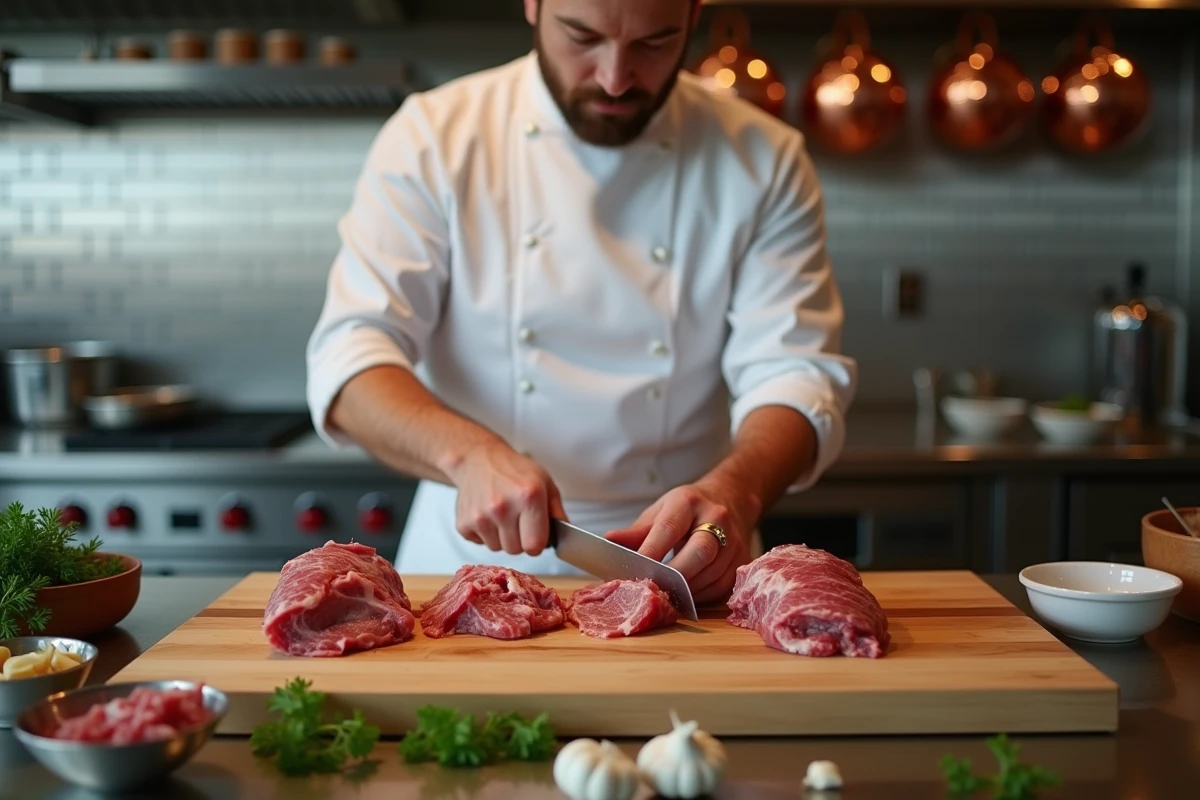 Chef cuisinier préparant des couilles de mouton sur un billot de boucher dans une cuisine de restaurant professionnelle