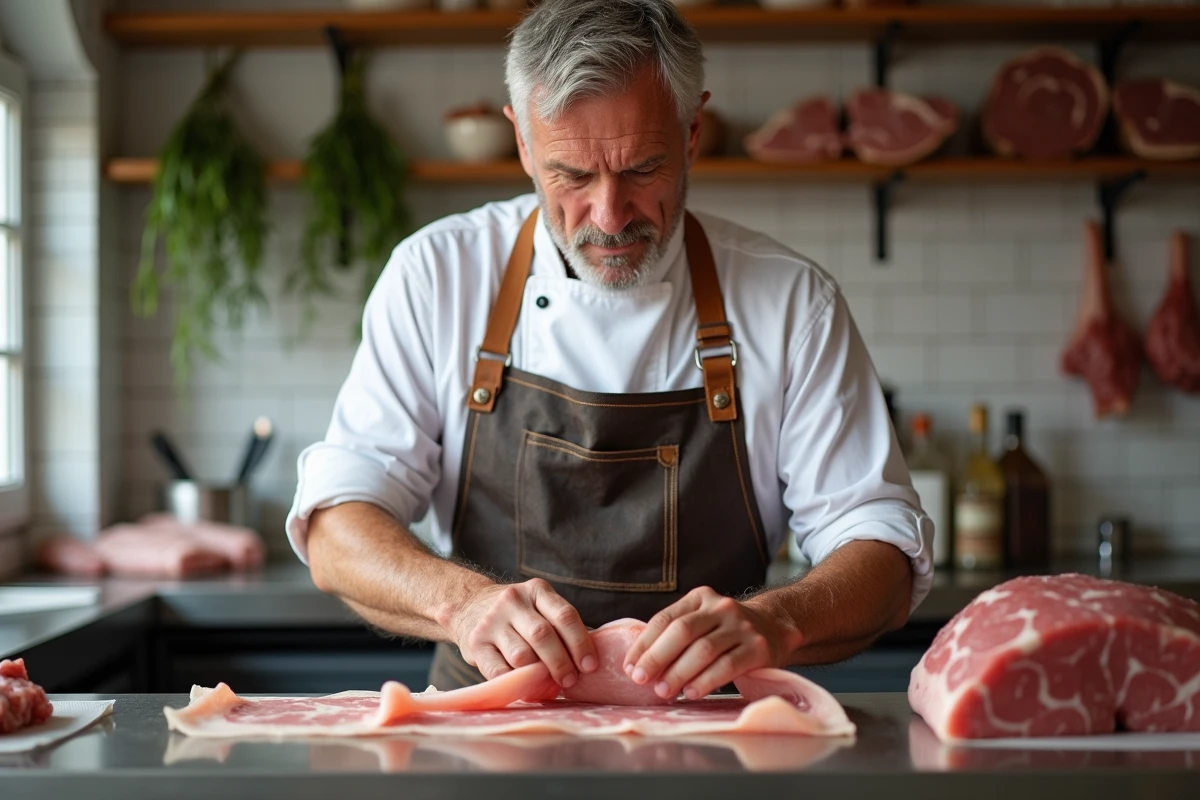 Charcutier préparant des crépinettes de porc artisanales en enveloppant la farce dans de la crépine dans une charcuterie traditionnelle