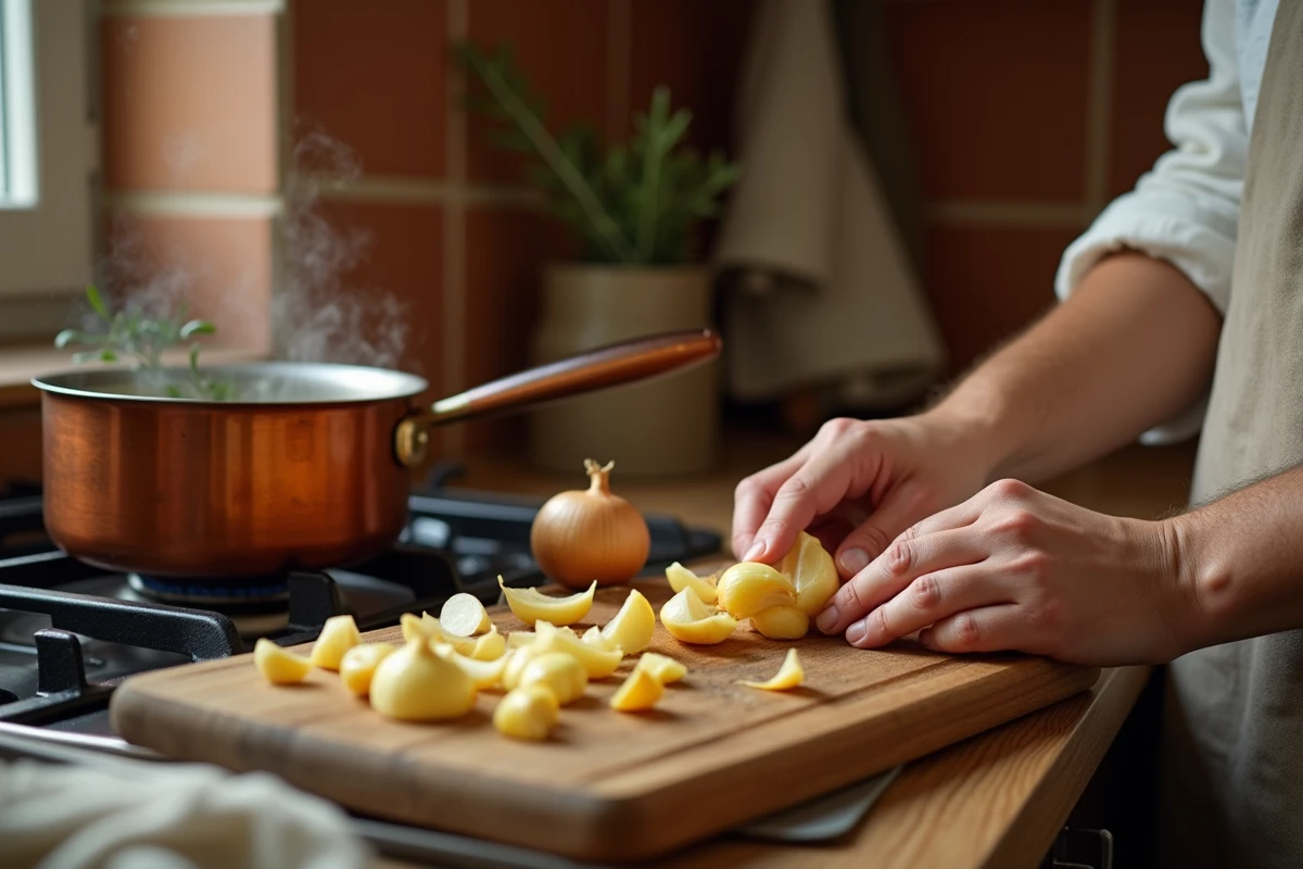 Mains découpant des échalotes dorées sur une planche en bois avec une casserole de sauce brillante en arrière-plan