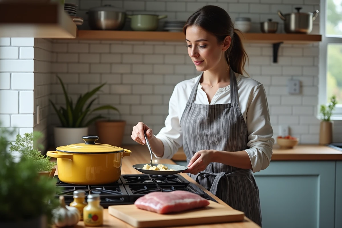 Femme préparant un filet mignon en cocotte avec sauce moutarde dans une cuisine moderne, scène de cuisine du quotidien