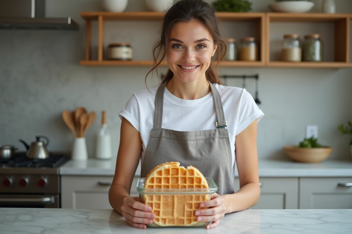 Femme rangeant des gaufres faites maison dans une boîte hermétique en verre sur un plan de travail en marbre, préparation la veille pour un matin tranquille