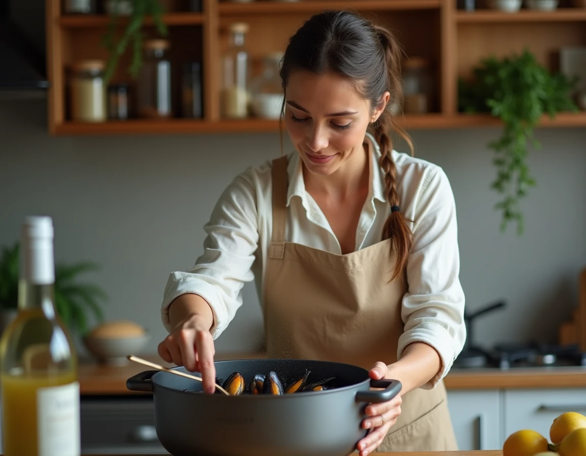 Femme versant des moules fraîches dans un Cookeo pour préparer des moules marinières maison