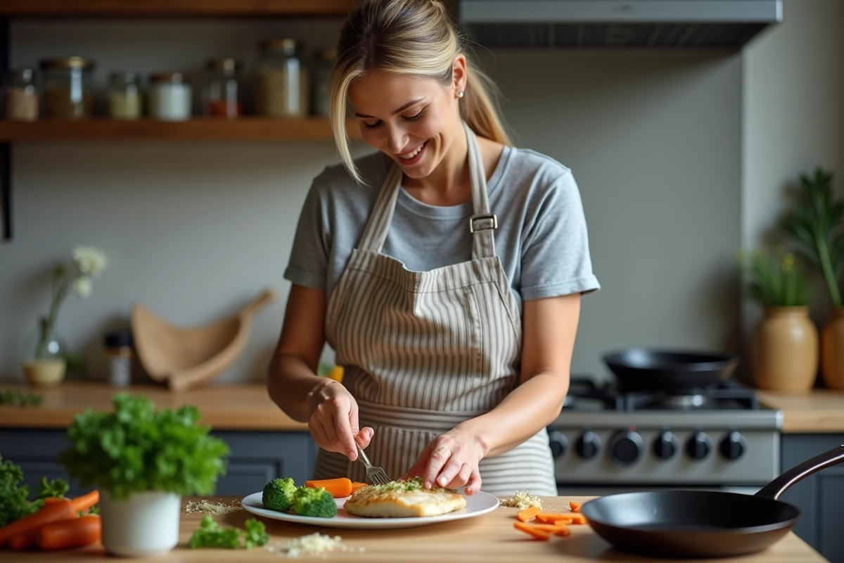 Femme préparant un repas rapide avec du poisson blanc et des légumes du frigo dans une cuisine maison