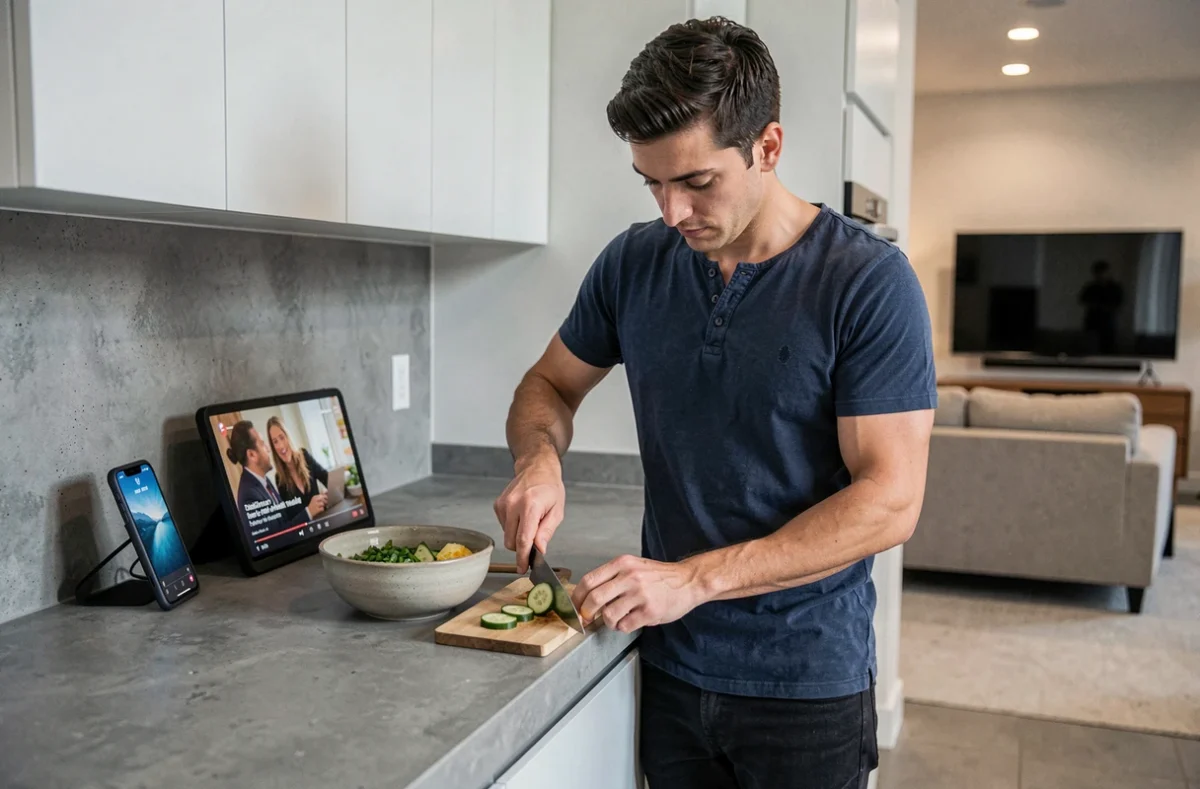 Homme préparant un repas léger et équilibré dans la cuisine avant une soirée télévision