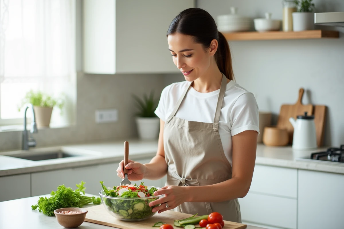 Femme préparant une salade de légumes pauvres en calories dans une cuisine moderne
