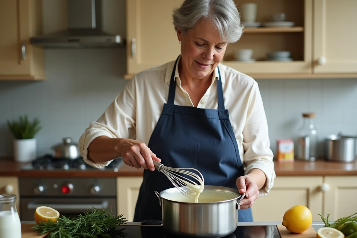 Femme en cuisine préparant la sauce crémeuse d'une blanquette de veau maison, fouettant le roux dans une casserole sur une cuisinière domestique