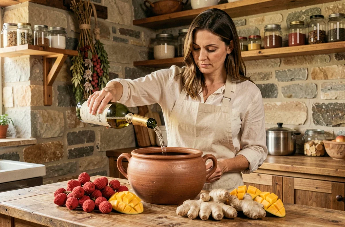 Femme versant du champagne dans une casserole entourée de fruits exotiques comme la mangue et le litchi pour préparer une soupe champagne exotique