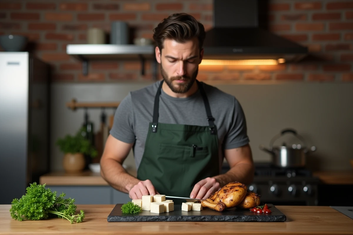 Homme préparant du tofu ferme et du poulet grillé dans une cuisine moderne avec mur en briques