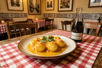 Assiette de quenelles de brochet sauce Nantua servie dans un bouchon lyonnais traditionnel avec une carafe de Beaujolais