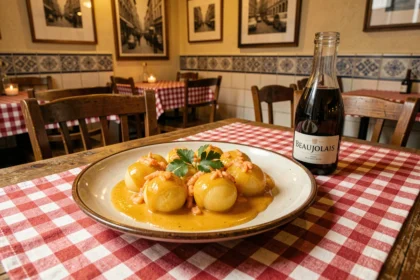 Assiette de quenelles de brochet sauce Nantua servie dans un bouchon lyonnais traditionnel avec une carafe de Beaujolais