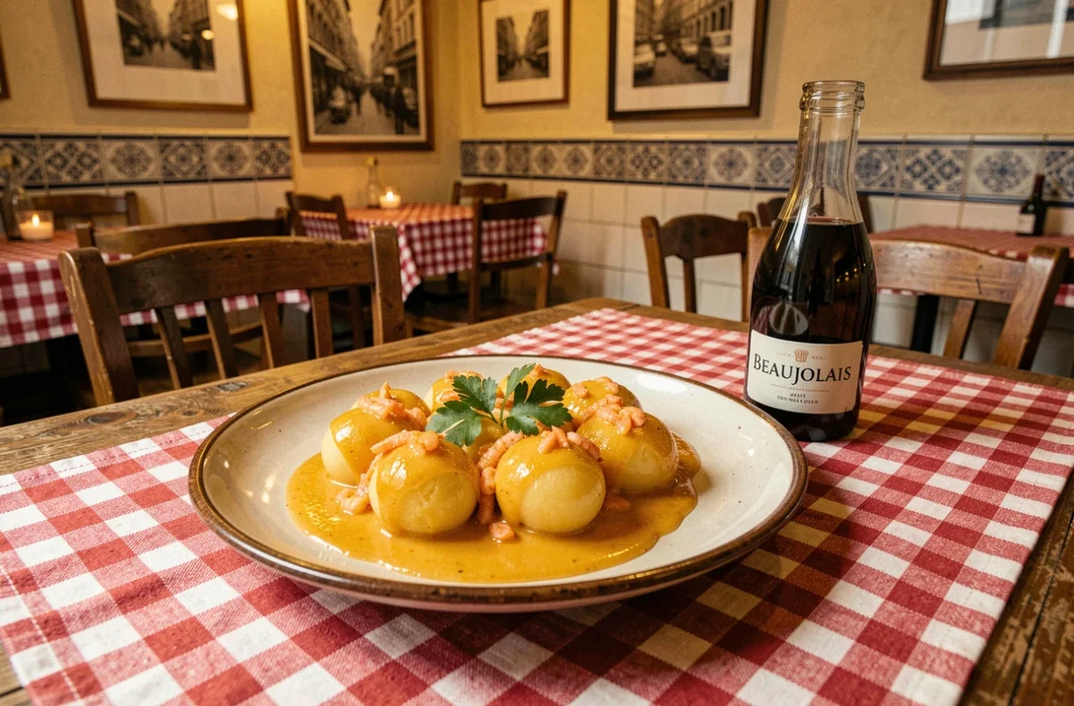 Assiette de quenelles de brochet sauce Nantua servie dans un bouchon lyonnais traditionnel avec une carafe de Beaujolais