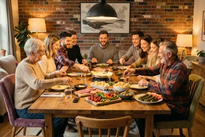 Famille recomposée de dix personnes autour d'une table à raclette conviviale avec fromage fondu et charcuterie
