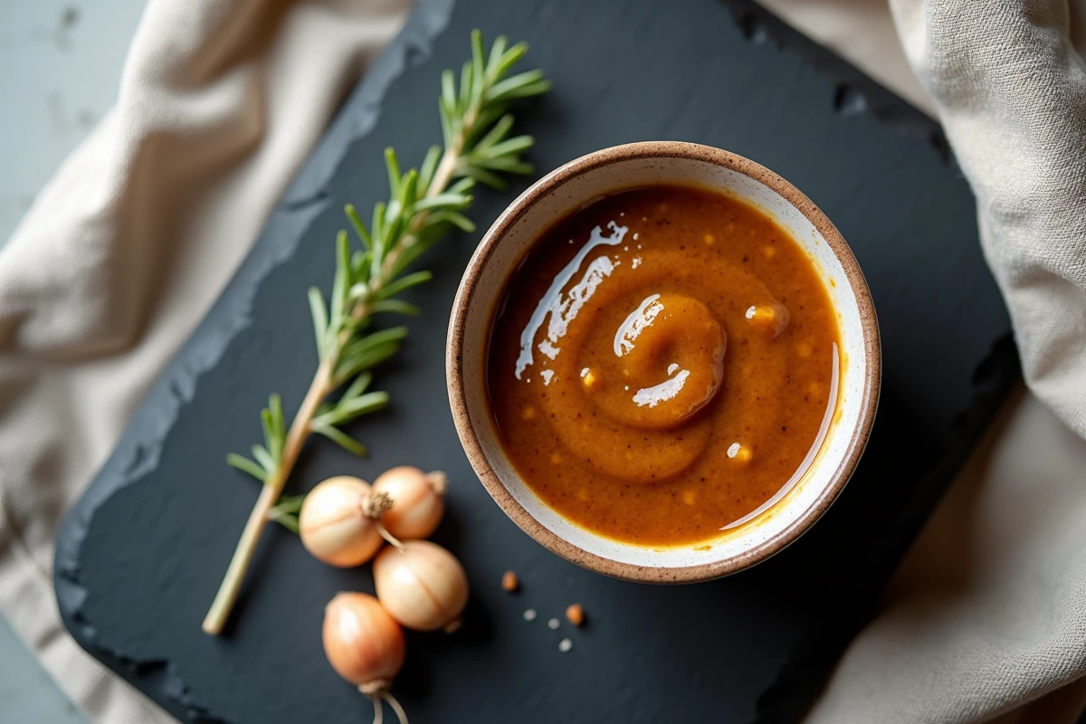 Vue aérienne d'un ramequin de sauce à l'échalote brillante et épaisse sur une ardoise avec du thym frais