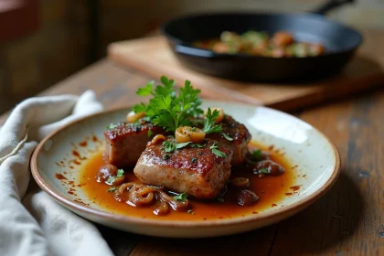 Assiette de couilles de mouton dorées garnies de persil frais et d'échalotes caramélisées sur une table en bois rustique