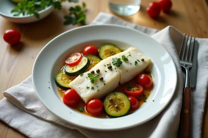 Assiette de poisson blanc avec courgettes et tomates cerises sautées, repas express du soir fait maison