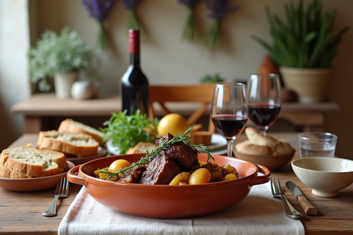 Table de repas familial provençal avec un plat mijoté de couilles de mouton aux légumes rôtis, vin rouge et pain rustique