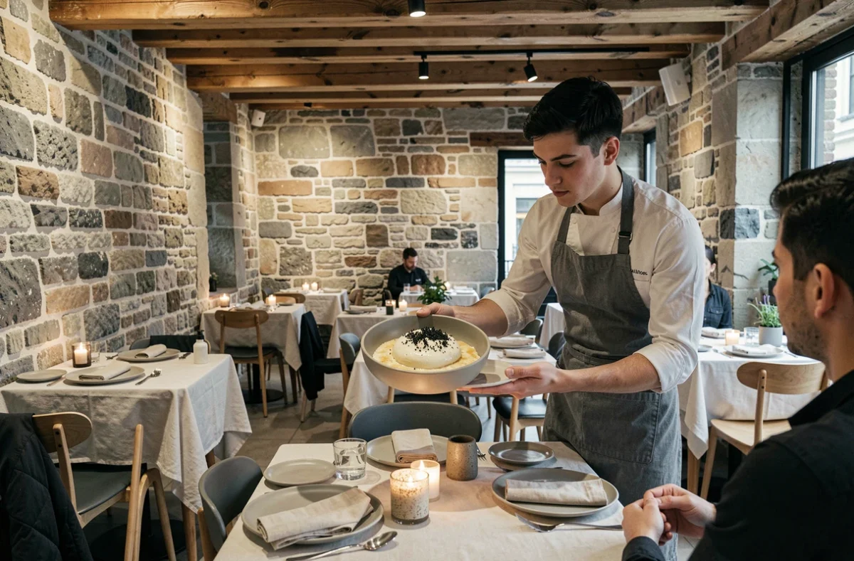 Salle moderne et intimiste du restaurant Alliance à Paris avec décor en pierre et bois